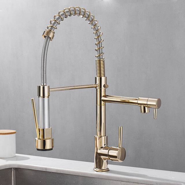 Cyslmuk - Pull-Out Kitchen Faucet 2 Jets Single-Lever Mixer Tap 360° Swivel Hot and Cold Water Available Gold