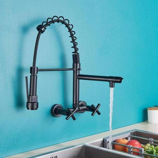 Concealed Wall Mounted Kitchen Faucet with Pull Down Spout, 360° Rotatable Sink Faucet with 3 Spray Modes Black