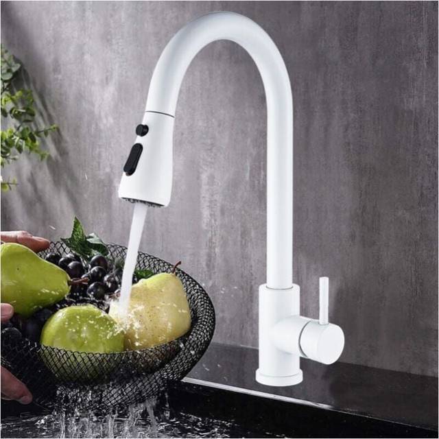 Cyslmuk - Kitchen Faucet with Pull Down White Sprayer, 360° Rotatable Kitchen Faucet with 2 Spray Modes