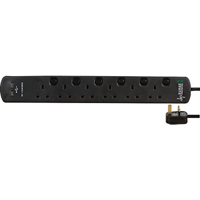 Pro-Elec 2m 6 Gang 2 USB Surge Protected Extension Lead, Black