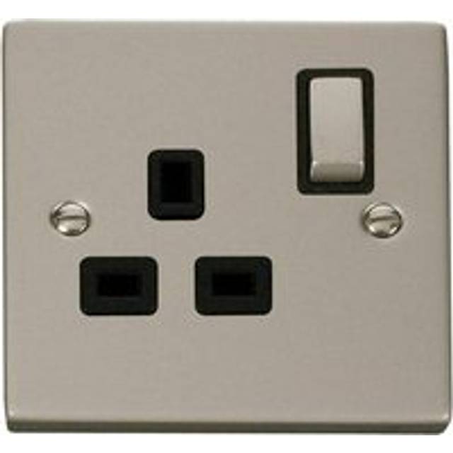 Pearl Nickel 1 Gang 13A DP Ingot Switched Plug Socket - Black Trim - SE Home