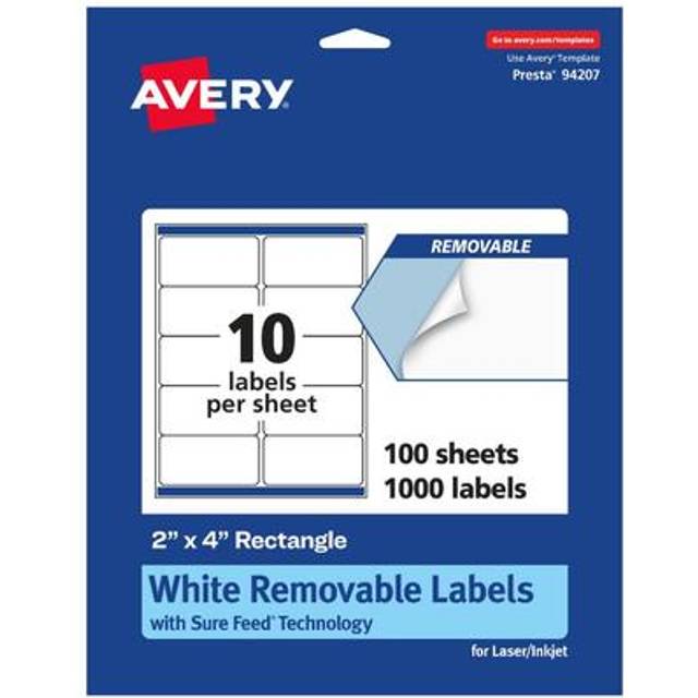 "Avery Matte White Removable Rectangle Labels with Sure Feed Technology  2"""""""" x 4""""""""  1 000 Removable Labels  Laser/Inkjet Printable Labels"