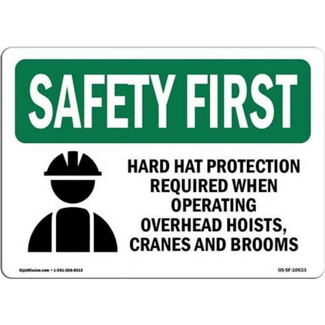 SignMission OS-SF-D-35-L-10633 OSHA Safety First Sign - Hard Hat Protection Required with Symbol