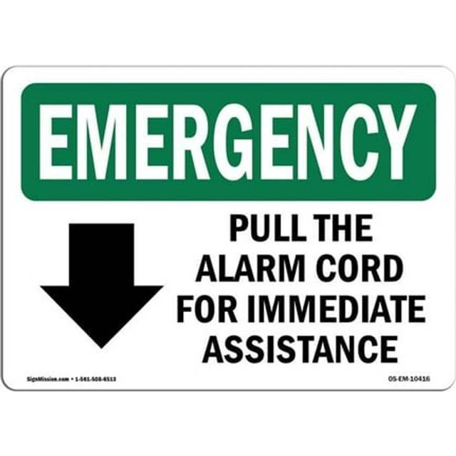 SignMission OS-EM-D-710-L-10416 OSHA Emergency Sign - Pull the Alarm Cord for Immediate with Symbol