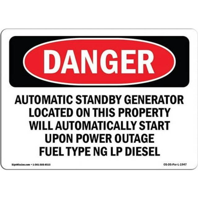 SignMission OS-DS-P-710-L-1947 OSHA Danger Sign - Automatic Standby Generator Located On This