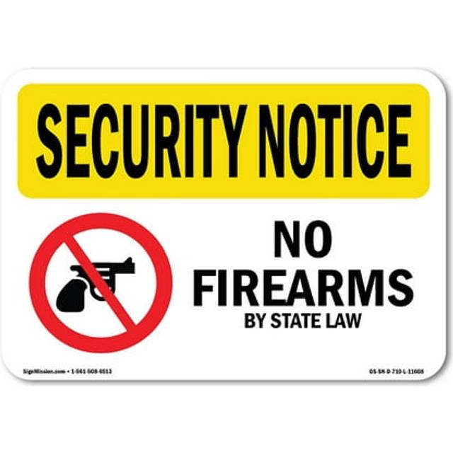 SignMission OS-SN-D-35-L-11608 OSHA Security Notice Sign - No Firearms by State Law