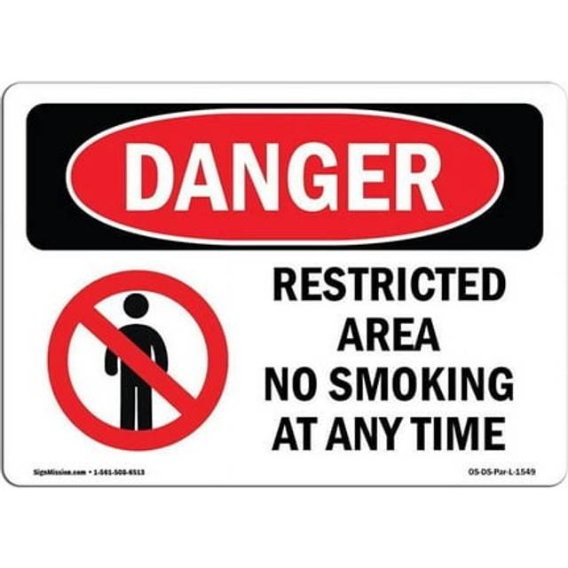 SignMission OS-DS-D-35-L-1549 OSHA Danger Sign - Restricted Area No Smoking At Any Time