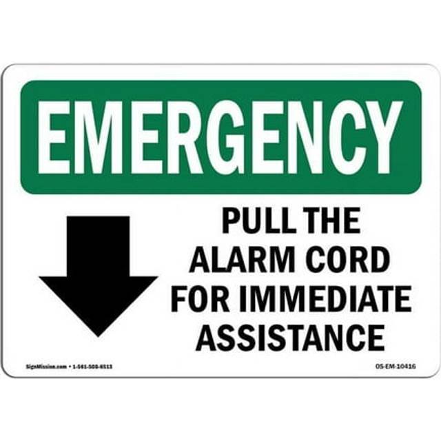 SignMission OS-EM-D-57-L-10416 OSHA Emergency Sign - Pull the Alarm Cord for Immediate with Symbol
