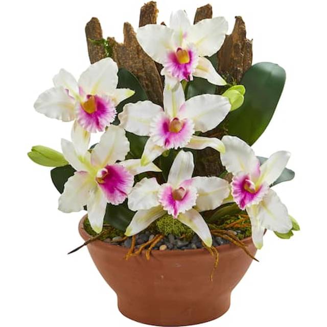 Cattleya Orchid Artificial Arrangement in Clay Vase