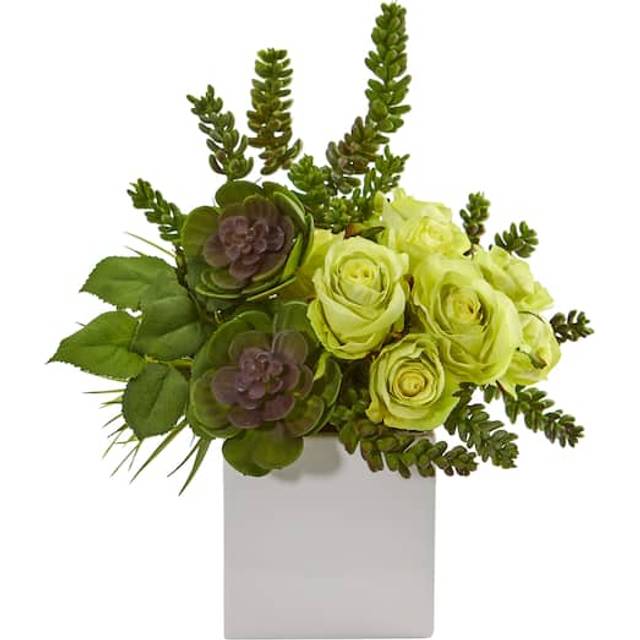 Nearly Natural 14-in. Rose & Succulent Artificial White Vase Silk Arrangements Green