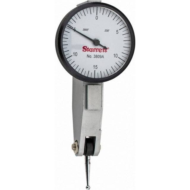 "Starrett Dial Test Indicator with Dovetail Mount  Accessories and Case - 1-1/4"""" White Dial Face  .030"""" Range  0-15-0 Dial Reading  .0001"""" Graduatio"