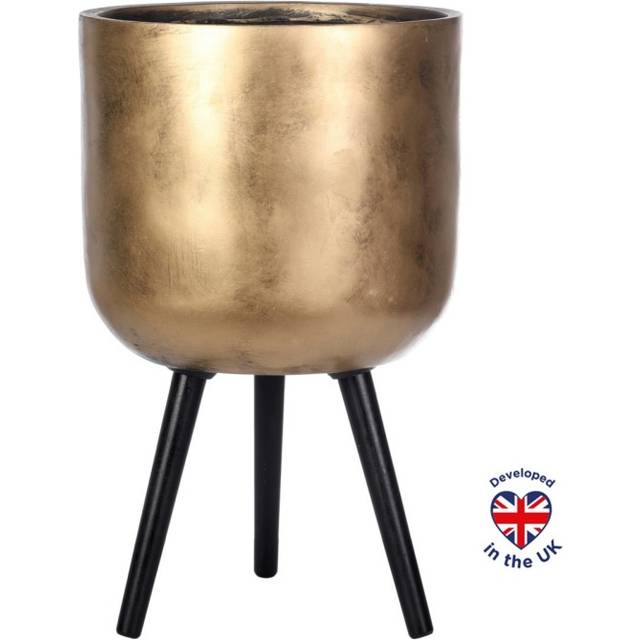 (Dia) 33Cm Gold Reinforced Stone Flower Pot, Idealist™ Large Indoor Plant Pot For Trees Round Planter On Legs, D33 H61 Cm, 32L - One Size