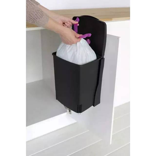 Brabantia Built-in 10L Inside Cupboard Bin (Black) Removable Inner Bucket, Easy to mount, Auto closing, Under Sink Rubbish/Food Waste/Carrier Bag Tidy