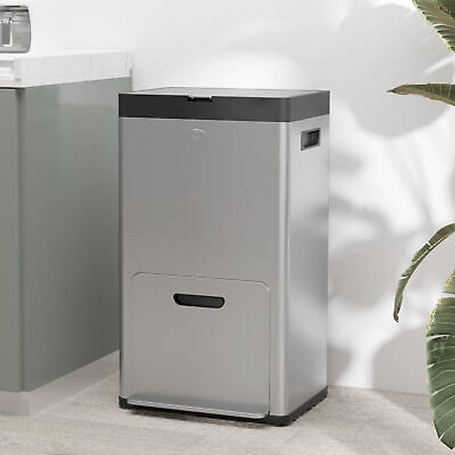HOMCOM 56L Kitchen Bin, Stainless Steel 3 Compartment Bin with Wheels, Soft Close Lid, Removable Inner Buckets, Fingerprint-Proof for Recycling and Wa