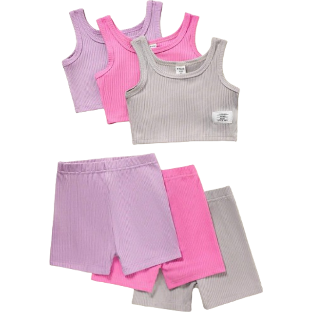 SHEIN Young Girl Multiple Pieces Casual Cute Ribbed Striped Tank Top And Shorts Set, Spring And Summer