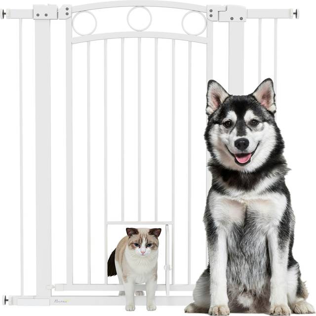 PawHut Stair Gate with Cat Door - Adjustable Width - White - 106cm | TJ Hughes