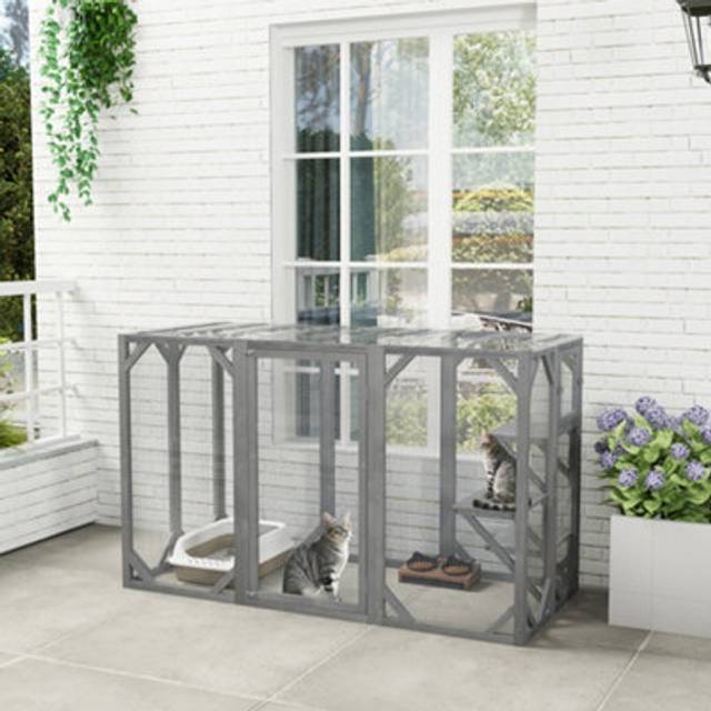 PawHut Wooden Cat House, 71" Catio Outdoor Cat Enclosure with 3 Platforms, Large Door and Weatherproof Roof, for Multiple Cats, Grey
