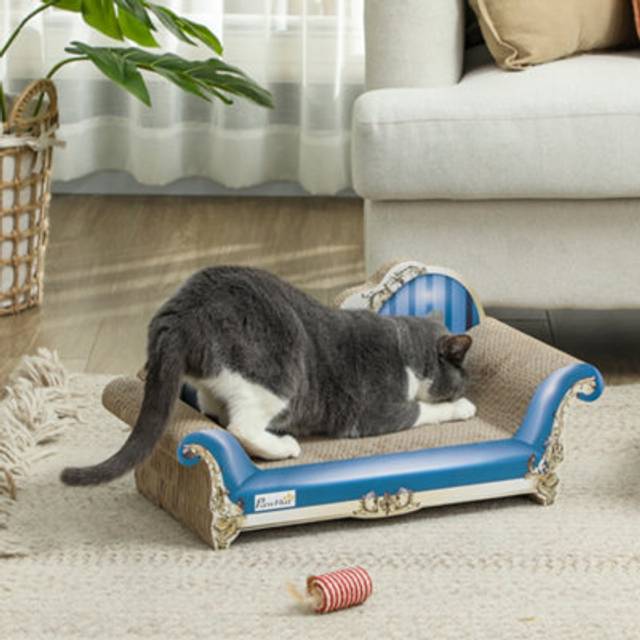 PawHut Two-in-One 26.5cm x 57cm x 26.5cm Cat Scratching Bed Board with Catnip - Blue, Blue