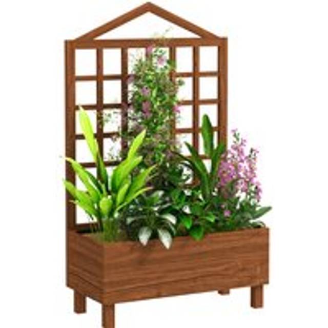 Outsunny Garden Planters with Trellis for Vine Climbing, Distressed Wooden Raised Beds, 90x43x150cm, Brown