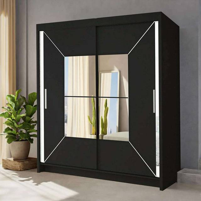 Bolton Modern Double Sliding Mirror Door Wardrobe Comes in White, Black, Grey Colors with 4 Sizes (217cm H x 120cm W x 62cm D)
