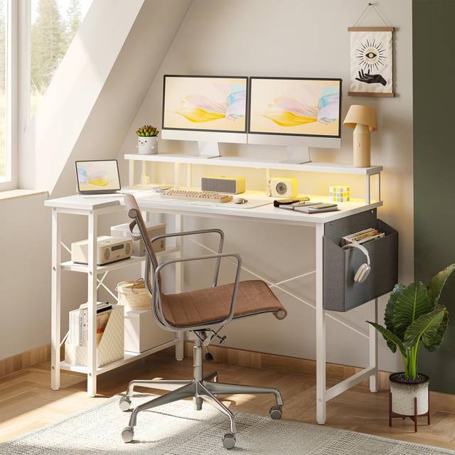 L-Shaped Desk With Power Socket LED, Corner Computer Desk, Reversible Large Storage Rack - White (75cm H X 120cm W X 70cm D)