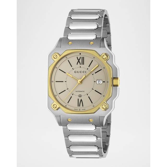 GUCCI G-Flat Automatic SS 36MM 18K Gold Plated Bezel Men's Watch YA166403 - Silver - 36 mm