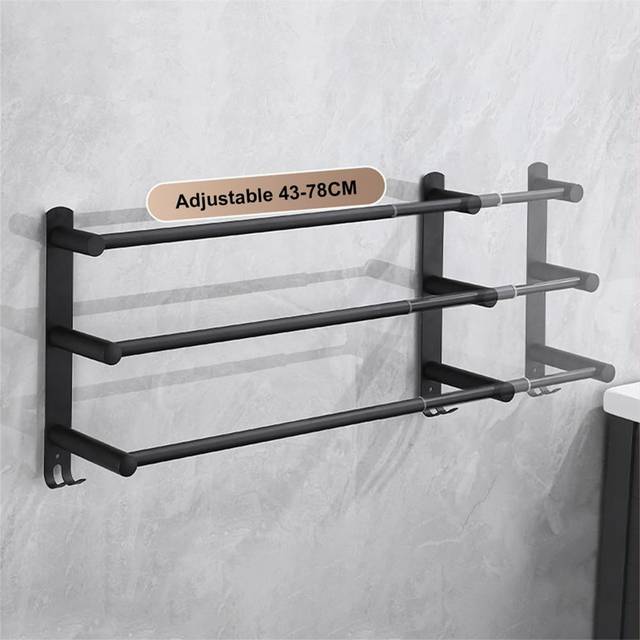 Adjustable Towel Rails 43-78CM Bath Towel Racks Stainless Steel Towel Shelves With Hooks Wall Mounted Towel Holders Towel Bar For Kitchen Bathroom - Matte Black (28cm H X 78cm L X 12.6cm D)
