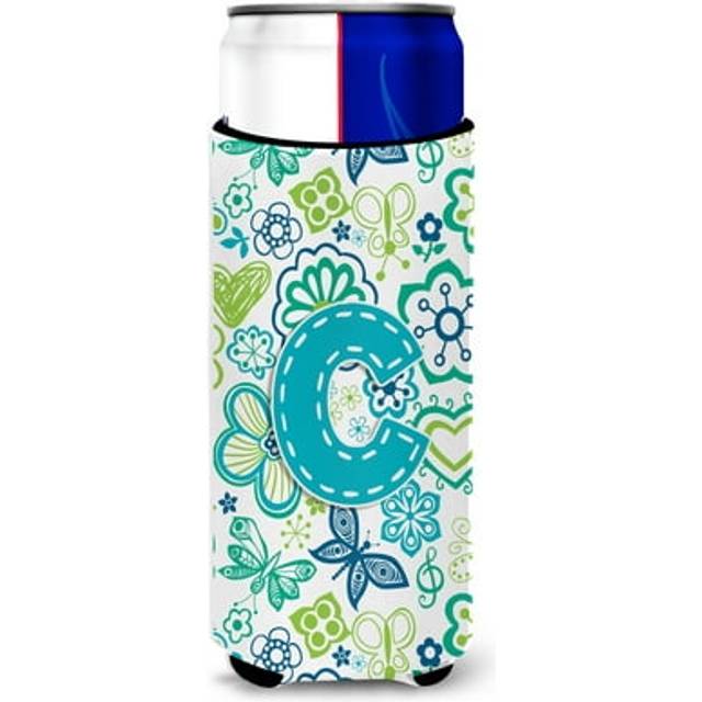 Letter C Flowers and Butterflies Teal Blue Ultra Beverage Insulators for slim cans CJ2006-CMUK