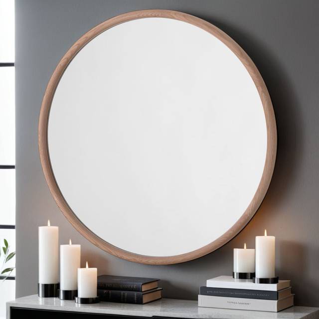 Round Solid Oak Wall Mirror - Natural - One Size