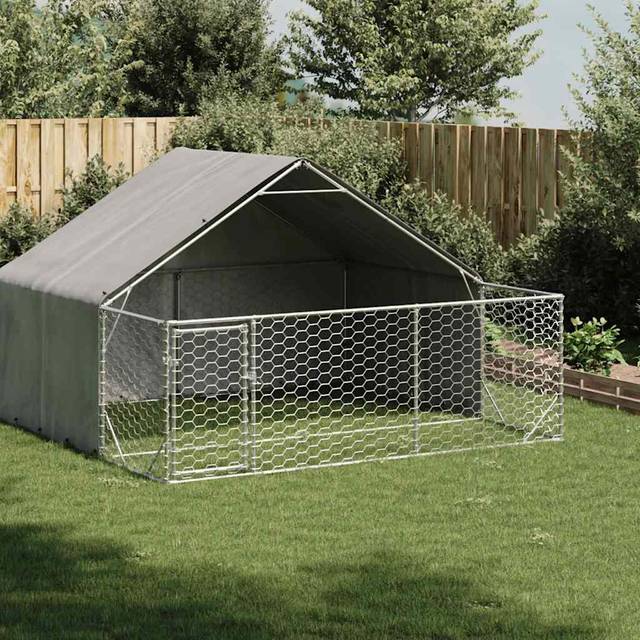 vidaXL Outdoor Dog Kennel with Run 3x3x1.9 m Galvanised Steel - Silver