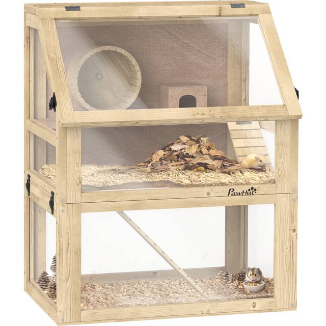 PawHut Wooden Hamster Cage w/ Detachable Bottom - Hut - Seesaw - 60 x 40 x 75cm | TJ Hughes
