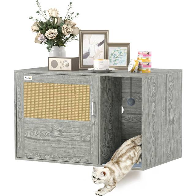 PawHut Cat Litter Box Enclosure with Rattan Door, Scratching Mat