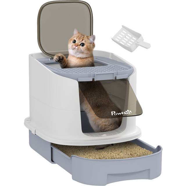 PawHut Cat Litter Box - Hooded Cat Litter Tray with Lid - Scoop - Grey | TJ Hughes