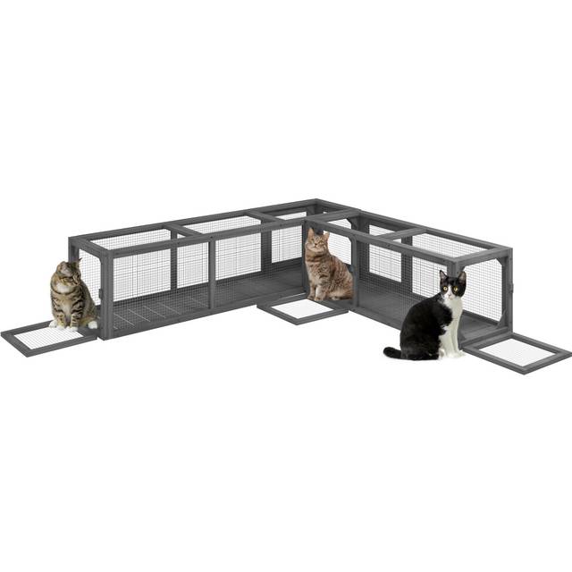 PawHut Cat Tunnel, 250cm Extra Long Wooden Cat Play Tunnel with Eight Doors - GRAY