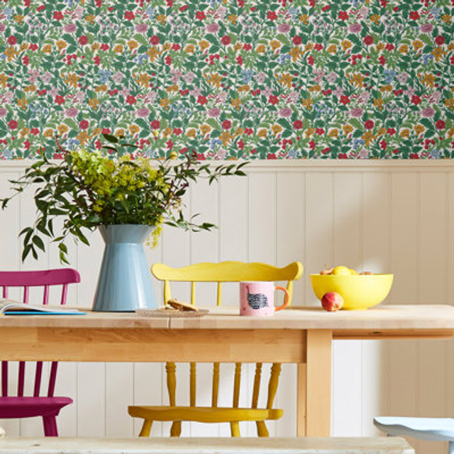 Joules Arts and Crafts Floral Rainbow Wallpaper - 10m x 52cm - Green/Red/Yellow