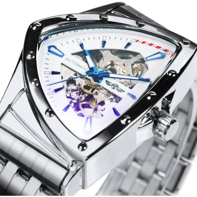 (white) Winner Triangle Skeleton Gold Black Watch For Men Automatic Mechanical Wristwatch Irregular Luxury Stainless Steel Strap