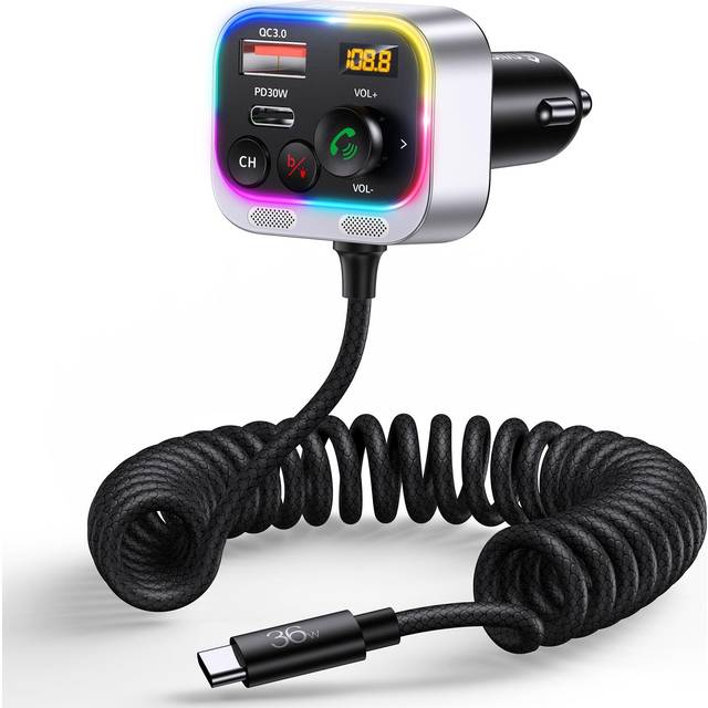 Bluetooth 5.3 FM Transmitter Car Adapter, 66W PD QC 3.0 Fast Charge Car Charger with USB-C Coiled Cable, Wireless FM