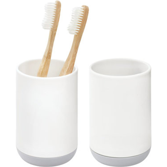 iDesign Small Oval Plastic Bathroom Trash Can-Set of 2-Bronze Toothbrush Holder  White/Gray