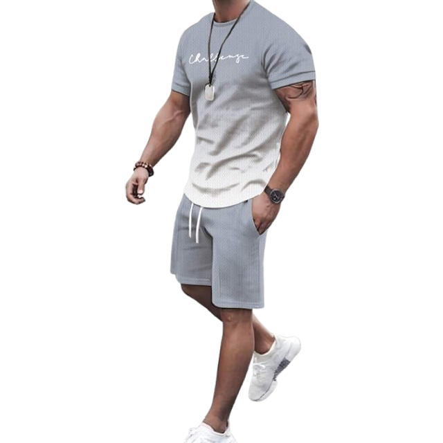 SHEIN 2pcs Men&#39;s Summer Casual Outfit, Color-Block Short Sleeve T-Shirt & Drawstring Shorts Set, Beach Sports Large Size Suit
