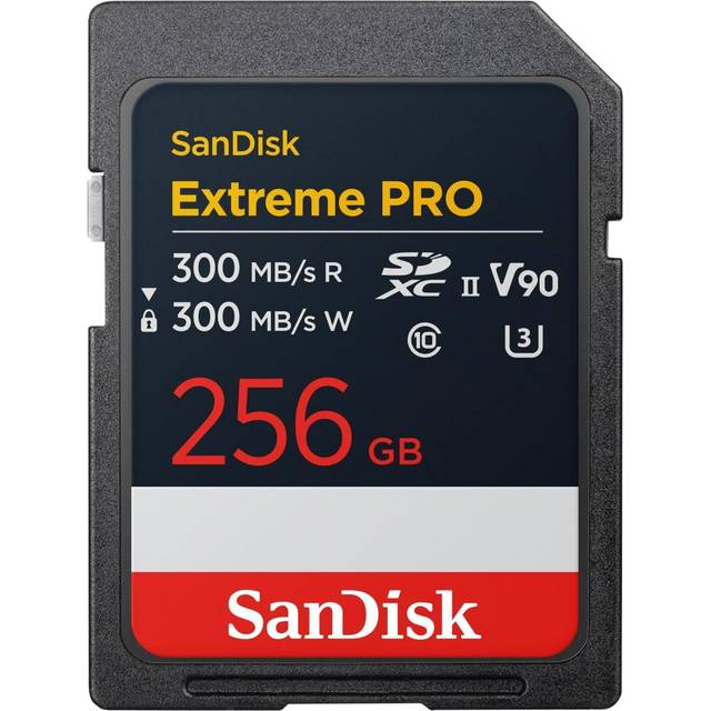 SanDisk Extreme PRO 256 GB SDXC Kort, UHS-II kort, upp till 300 MB/s läshastighet, 300 MB/s skrivhastighet, V90, Dess pro-level-prestanda möjliggör 8K-videoinspelning i biokvalitet