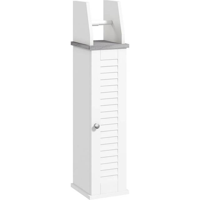 Kleankin Slim Bathroom Floor Cabinet With Cupboard, Roll Holder And Adjustable Shelf, Toilet Roll Storage Unit For Toilet Paper, Shampoo, White