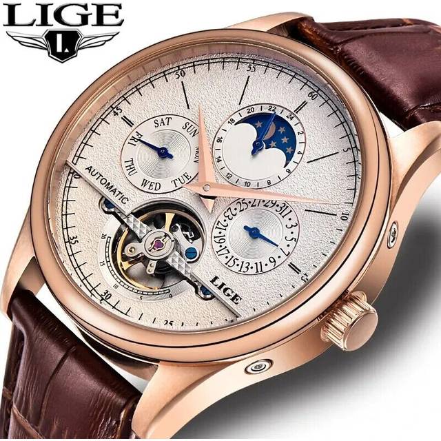 men Brown Leather Tourbillon Automatic Wrist Watch
