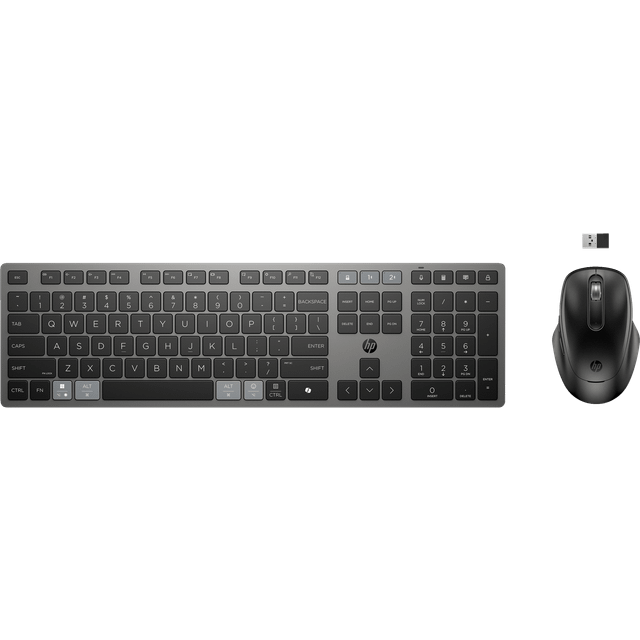 HP 725 - Sats med tangentbord och mus - flera enheter, uppladdningsbar, drivs av SuperCapacitor - full size - trådlös - 2.4 GHz, Bluetooth - hela norden - svart kvällning - Smart Buy