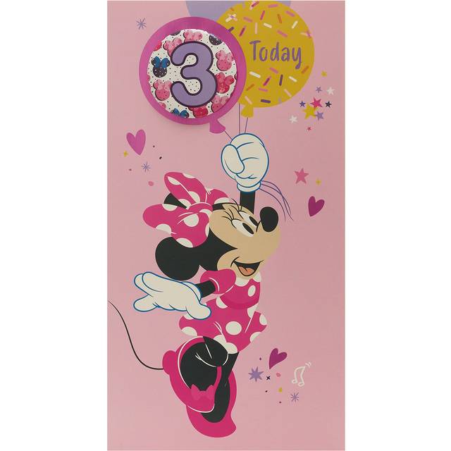 UK Greetings 3rd Birthday Card for Girls - Minnie Mouse Birthday Card - Age 3 Birthday Card - Disney Birthday Card - Badge Included, Multi