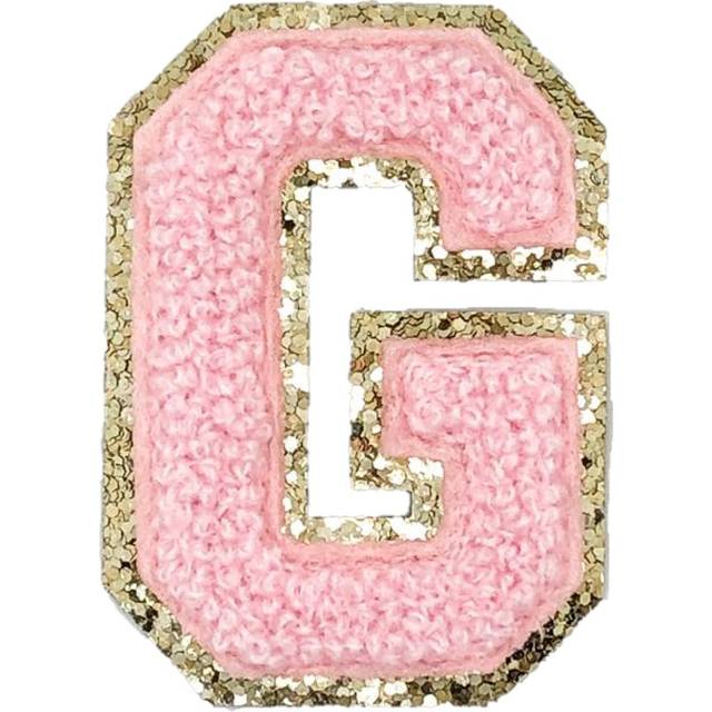 "Gold Glitters & Pink Chenille Varsity Initial Patches  Adhesive Sticker Iron On  2.25"""""""" Height (G)"