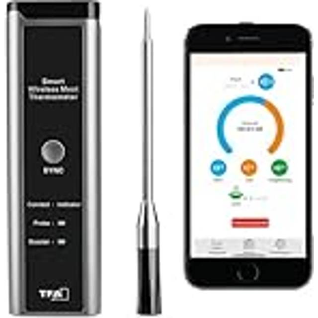 TFA Dostmann Trådlös köttermometer SMART BBQ 70 m, 14.1515.10, grilltermometer, för grill/ugn/varmluftsfritös, diskmaskinssäker, stektermometer, kökschef, svart-grå