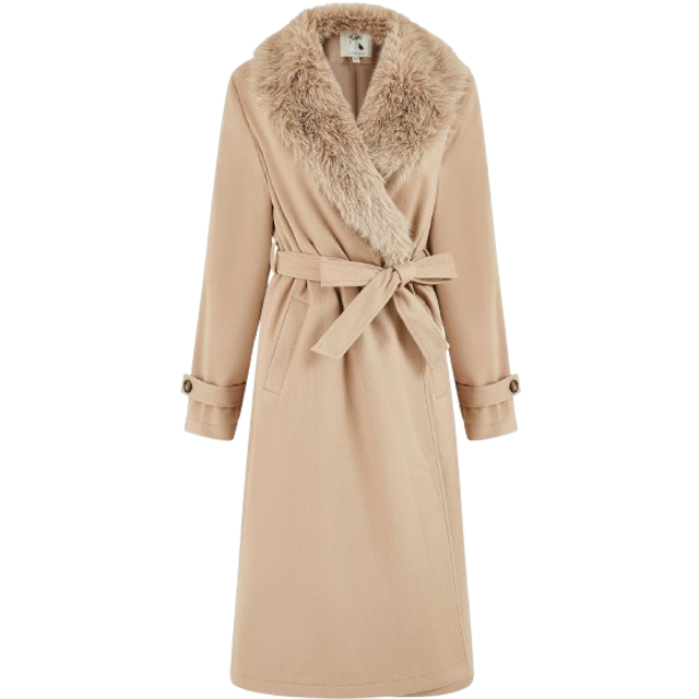 Yumi Beige Wrap Around Coat With Faux Fur Collar - Size 12 UK - Yumi