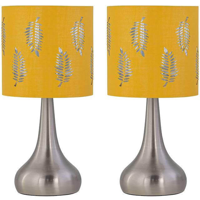 Set of 2 Romana - Brushed Chrome Touch Operated Table Lamps Bedside Lights Ochre Fern Shade