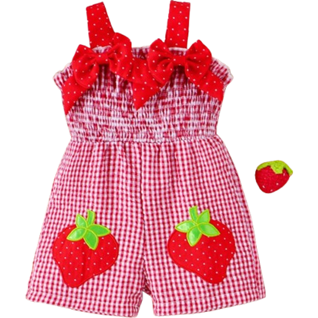 SHEIN Baby Girl Summer Overalls Romper With Bow Detail Decoration And Strawberry Patchwork Gingham Shorts, For Christmas