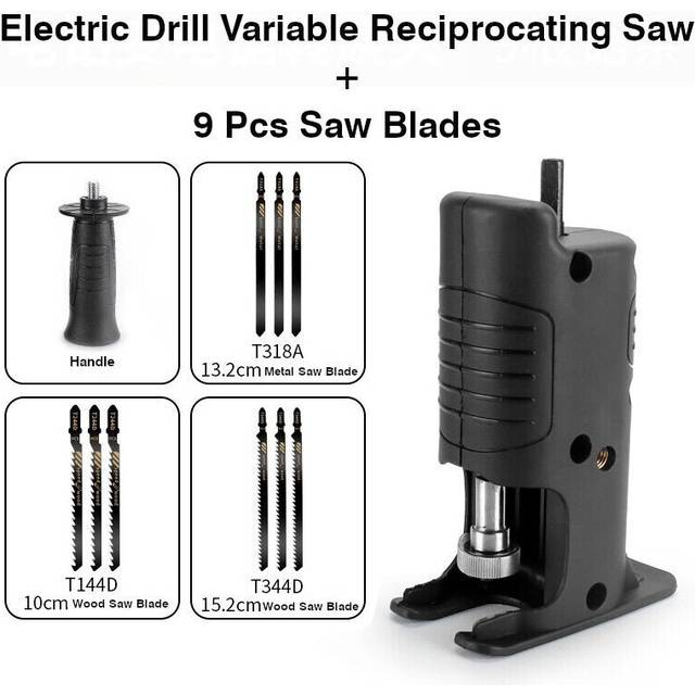 (C:ÂElectric Drill Variable Reciprocating Saw+9Pcs Saw Blade) Reciprocating Saw Attachment Adapter Change Electric Drill Into Reciprocating Saw for W
